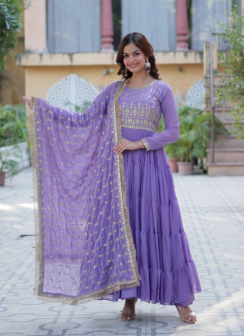 Lavender Faux Georgette Embroidered Sequins Anarkali Suit Festive Wear