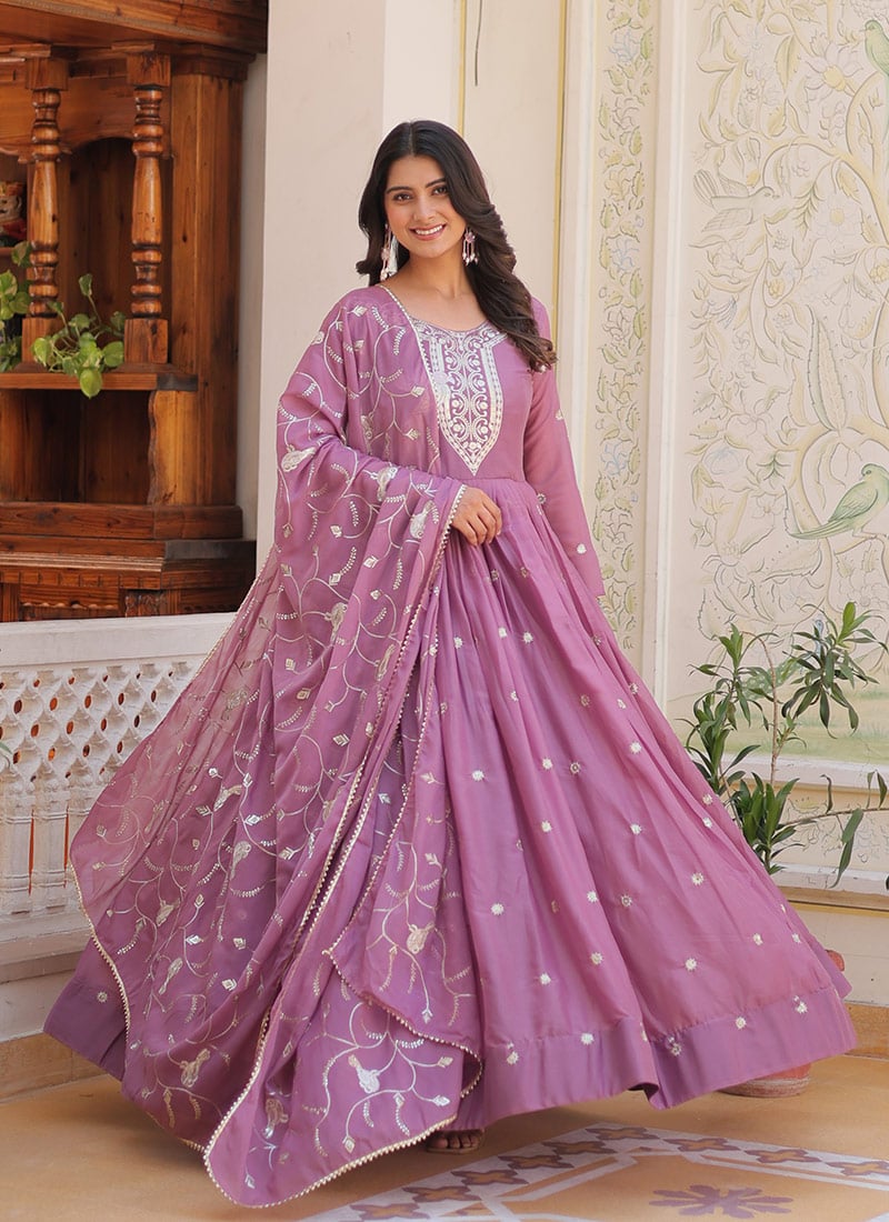 Lavender Faux Georgette Embroidered Sequins Anarkali Suit Festive Wear