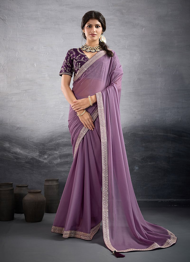 Lavender Faux Georgette Embroidered Sequins Saree