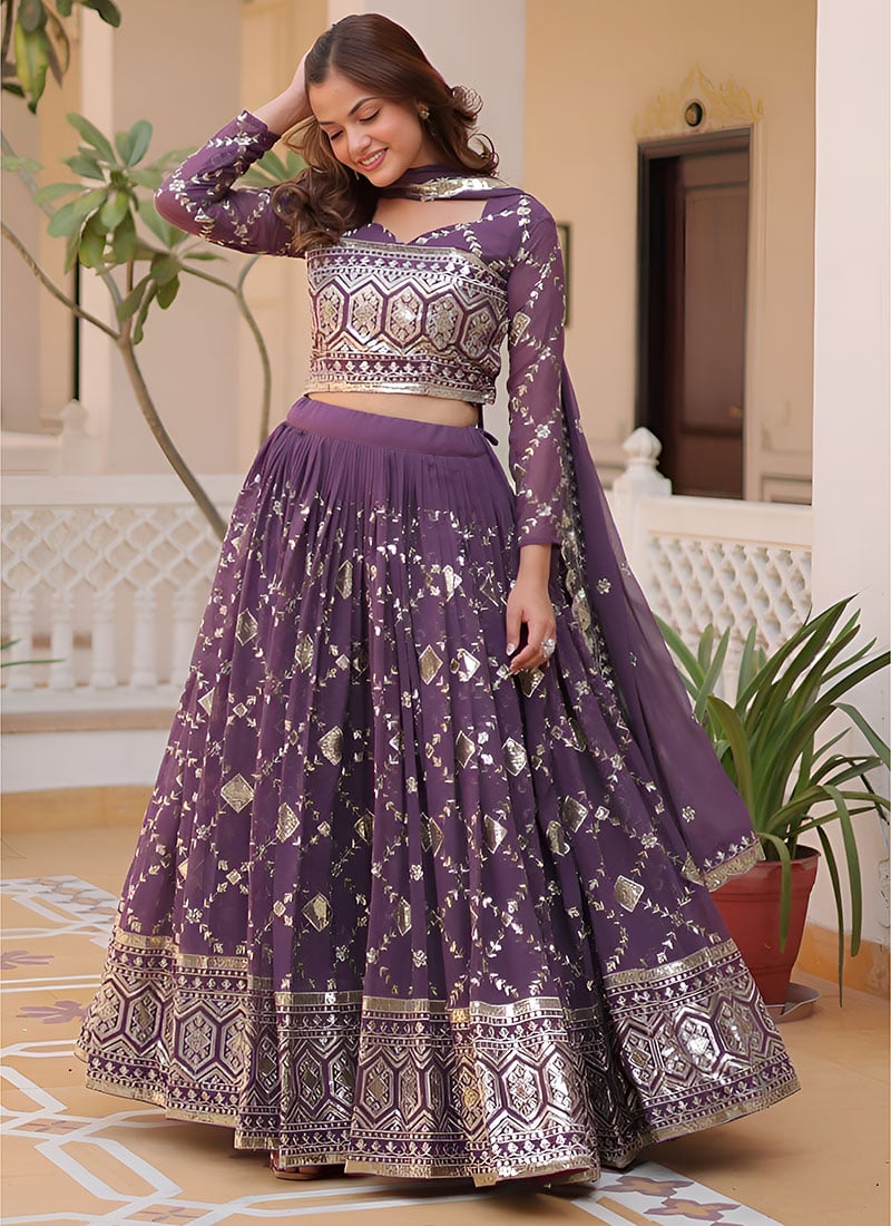 Lavender Faux Georgette Foil Work Elegant Lehenga Festive Wear