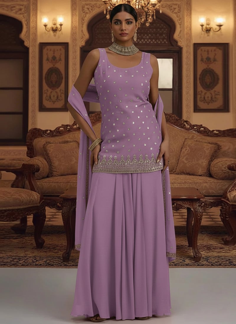 Lavender Faux Georgette Hand Embroidered Sequins And Zari Palazzo Suit Festive Wear