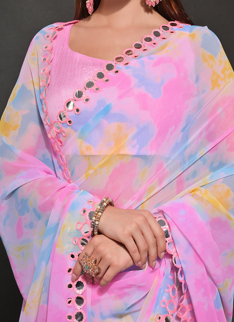 Luvender Floral Marble Saree with Lace Border main image 1