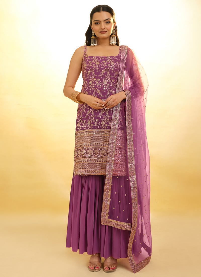 Lavender Faux Georgette Puja Sharara Suit With Embroidery And Sequins Party Wear