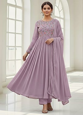 Lavender Faux Georgette Resham Anarkali Suit