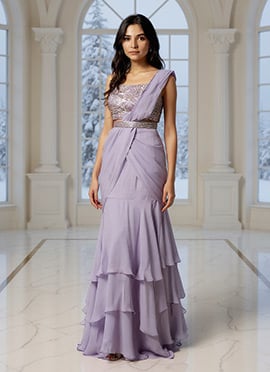 Lavender Faux Georgette Sequins Hand Embroidered Lehenga Saree