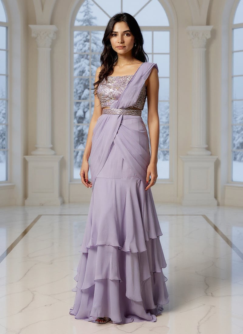 Lavender Faux Georgette Sequins Hand Embroidered Lehenga Saree