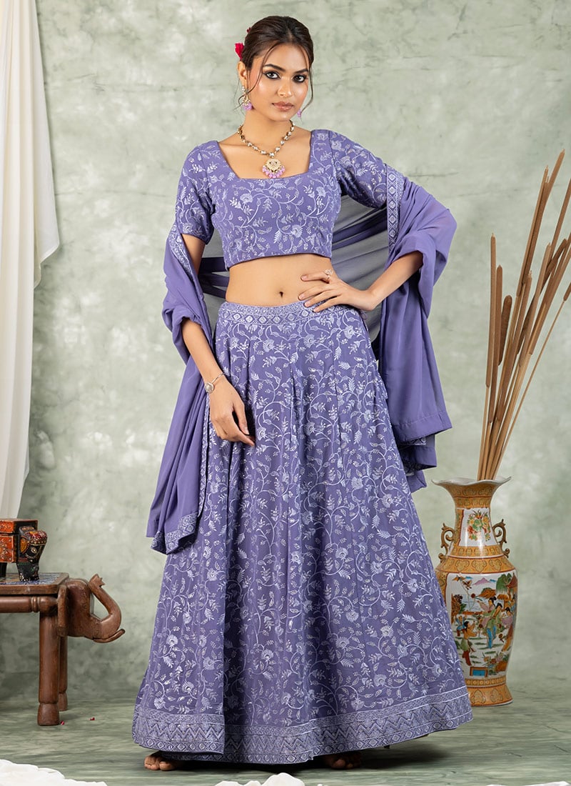 Lavender Faux Georgette Sequins Lehenga