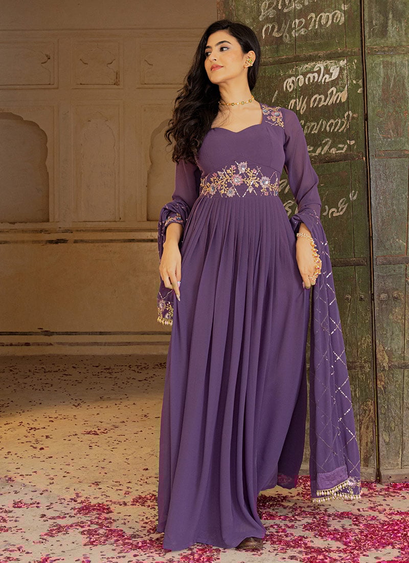 Lavender Faux Georgette Sequins Thread Embroidered Anarkali Suit Festive Wear