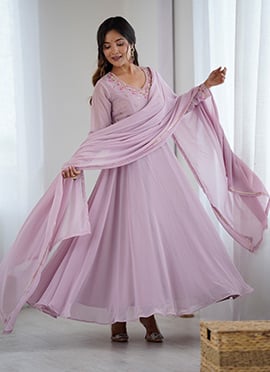 Lavender Faux Georgette Zardosi Embroidered With Beads Work Anarkali Suit