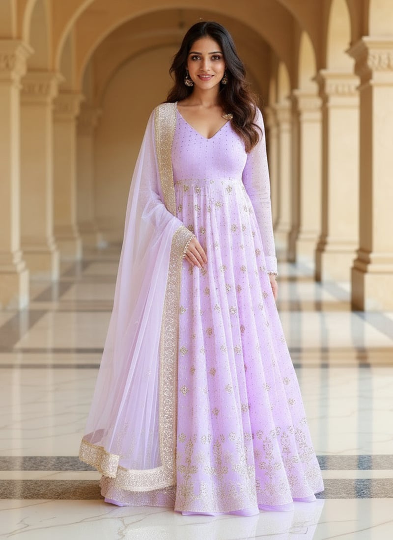 Lavender Faux Georgette Zari Embroidered Sequins Foil Print Anarkali Suit Festive Wear