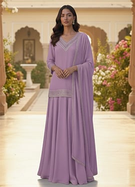 Lavender Faux Georgette Zari Foil Embroidered A Line Lehenga
