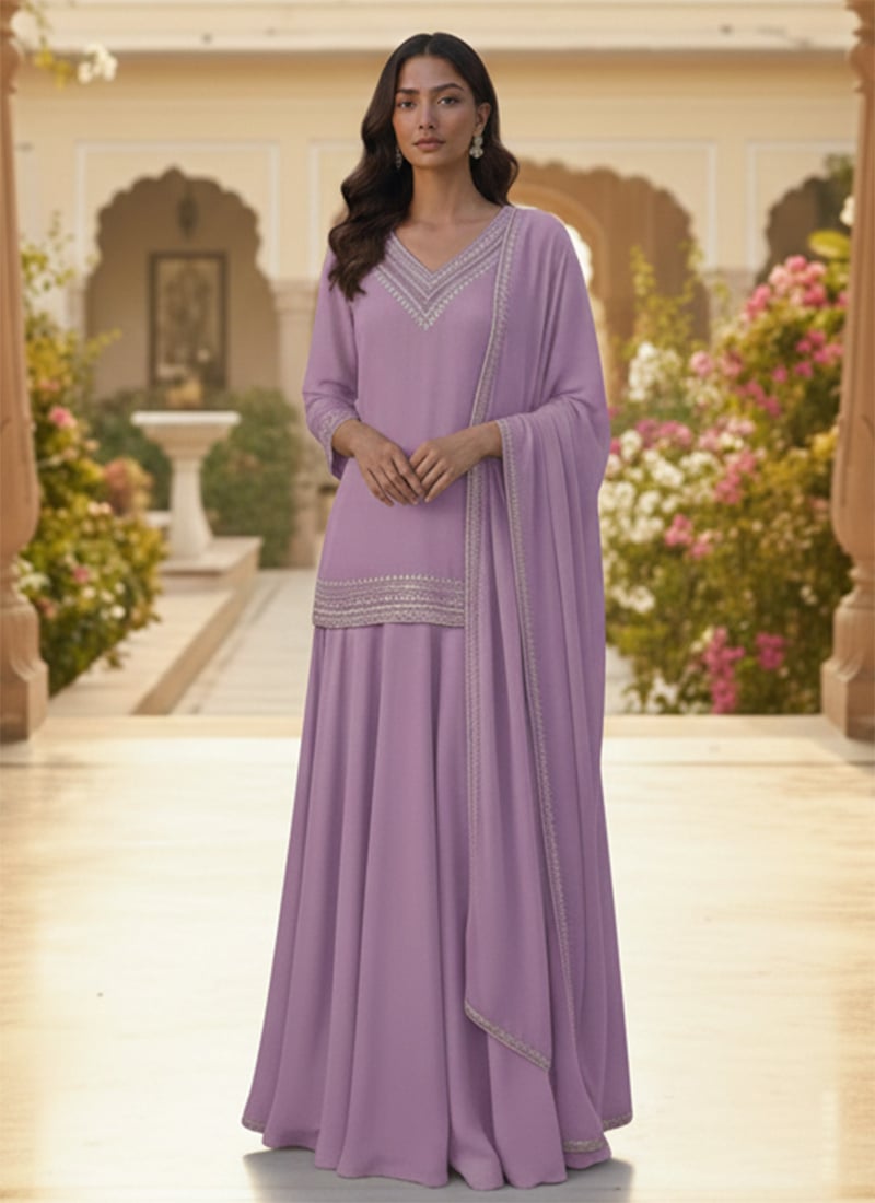 Lavender Faux Georgette Zari Foil Embroidered A Line Lehenga Festive Wear