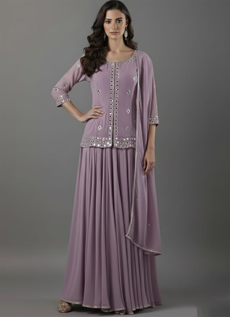 Lavender Faux Georgette Zari Mirror Hand Embroidered Long Choli Lehenga Festive Wear