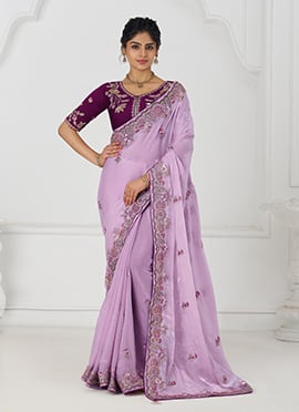 Lavender Fendi Silk Aari Embroidered Sequins Beads And Stone Work Saree