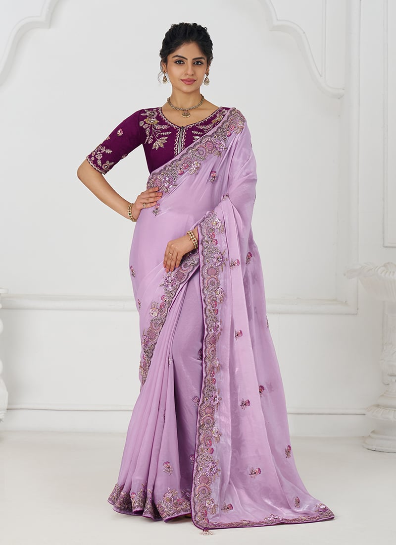 Lavender Fendi Silk Aari Embroidered Sequins Beads And Stone Work Saree Wedding Wear