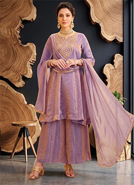 Lavender Fendy Silk Embroidered A Line Palazzo Suit