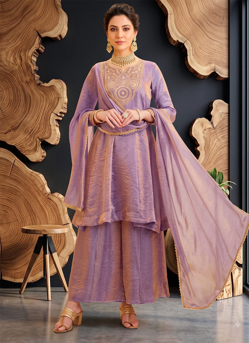 Lavender Fendy Silk Embroidered A Line Palazzo Suit Festive Wear