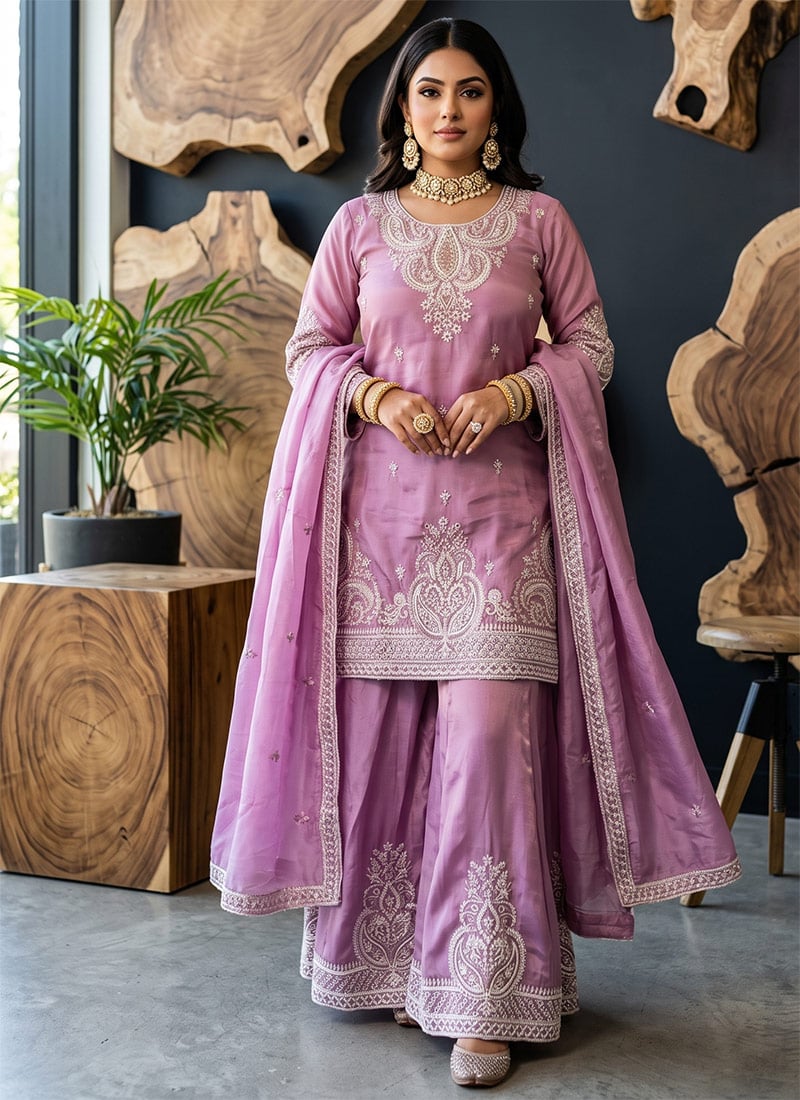 Lavender Fendy Silk Embroidered Palazzo Suit Festive Wear