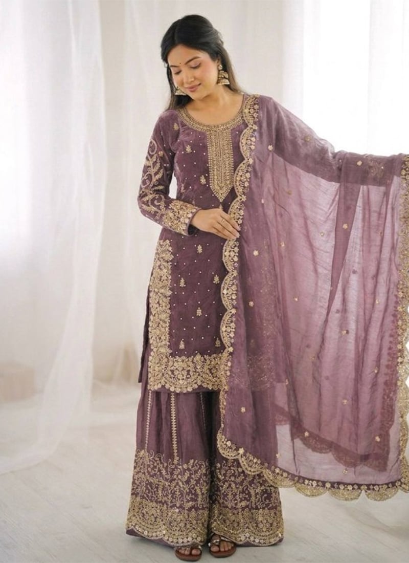Lavender Fendy Silk Embroidered Sequins With Moti Work Palazzo Suit Festive Wear