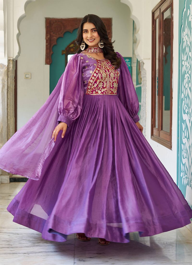 Lavender Fendy Silk Sequins Embroidered Anarkali Suit Festive Wear