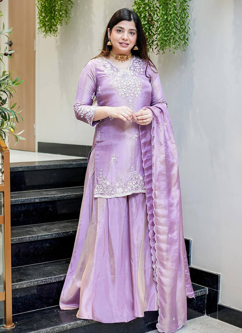 Lavender Fendy Silk Sequins Embroidered Thread Palazzo Suit Festive Wear