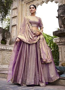 Lavender Fendy Silk Zari And Embroidered Sequins Umbrella Lehenga