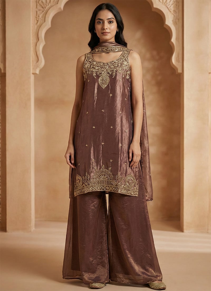 Lavender Fendy Silk Zari Embroidered Sequins Palazzo Suit Festive Wear