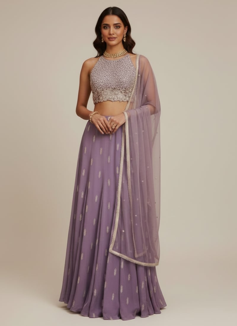 Lavender Georgette Beads Hand Embroidered Umbrella Lehenga Wedding Wear