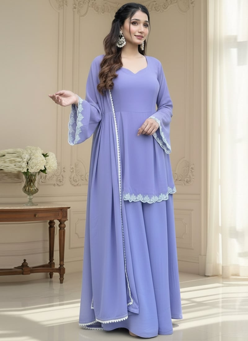 Lavender Georgette Beads Hand Embroidery Palazzo Suit Festive Wear