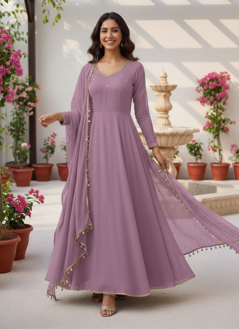 Lavender Georgette Beads Sequins Anarkali Suit Festive Wear