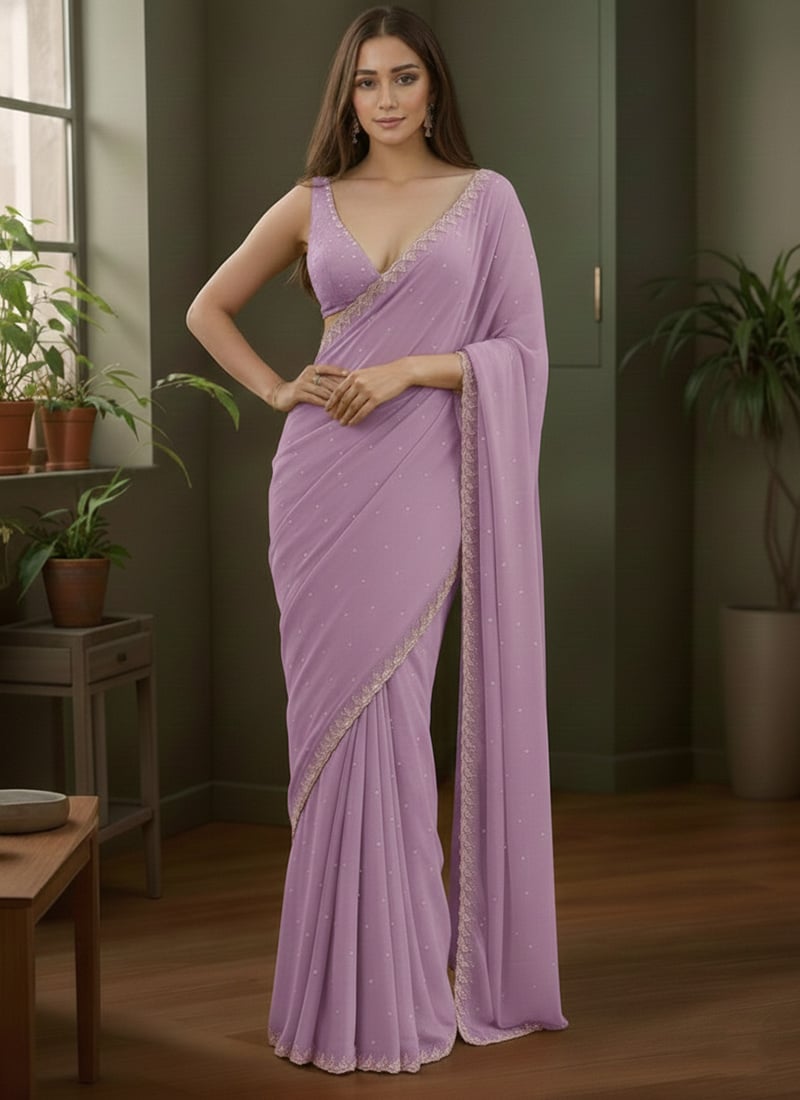 Lavender Georgette Cutdana Beads With Stone Hand Embroidered Saree