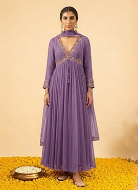Lavender Georgette Cutdana Sequins Hand Embroidered Anarkali Suit