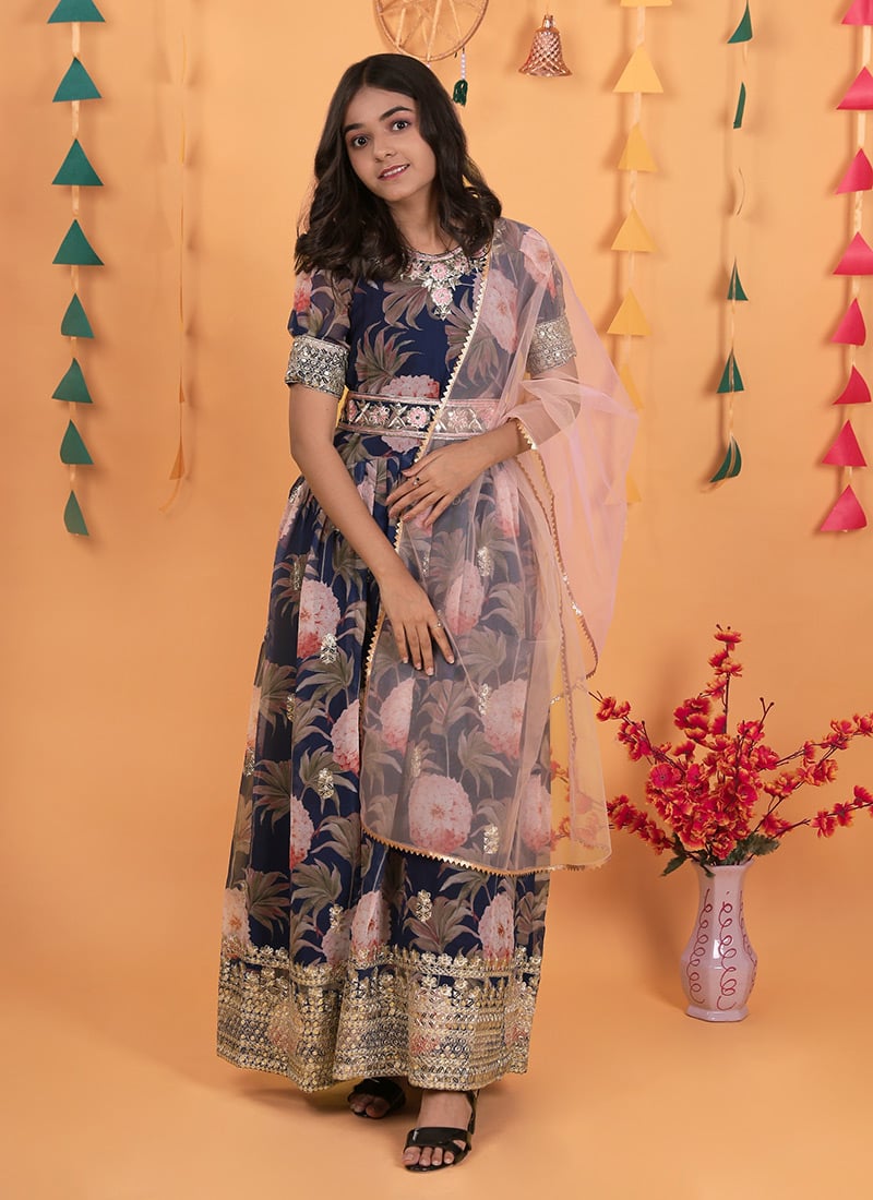 Kids Girls Navy Blue Georgette Digital Print Embroidered Sequins Kids Girls Anarkali Suit Festive Wear