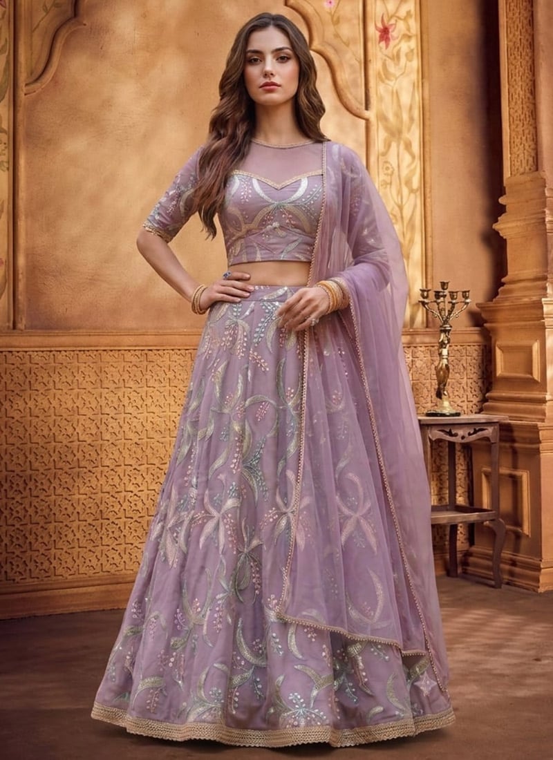 Lavender Georgette Embroidered Lehenga Wedding Wear