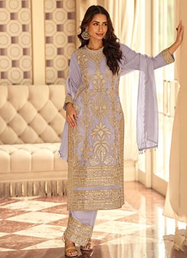 Lavender Georgette Embroidered Sequins And Beads Straight Pant Suit