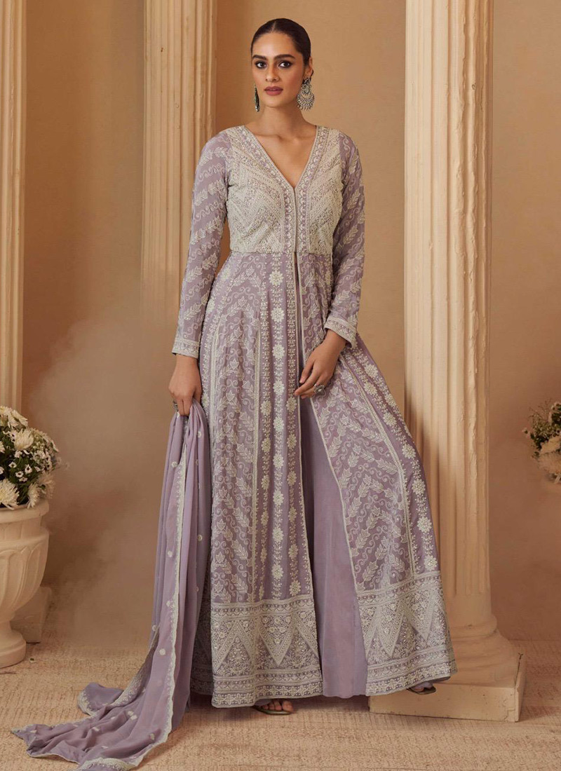 Lavender Georgette Embroidered Sequins Chikankari Stones Beads Anarkali Suit Festive Wear