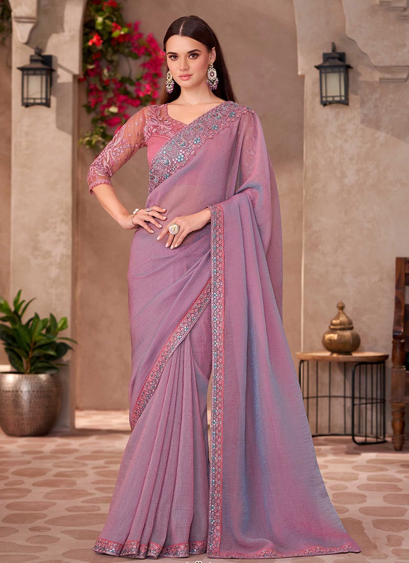 Lavender Georgette Embroidered Sequins Cut Work Saree