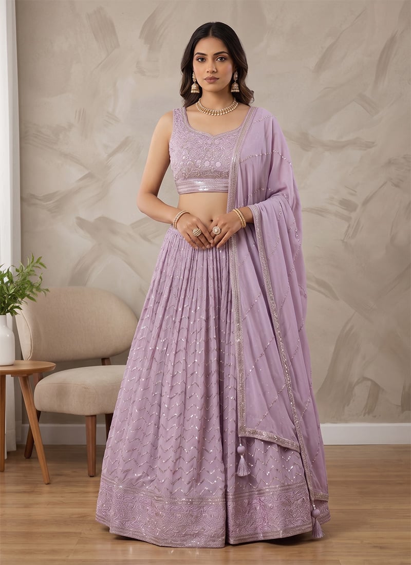 Lavender Georgette Embroidered Sequins Lehenga Festive Wear
