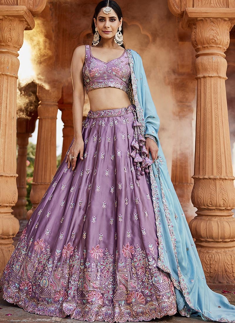 Lavender Georgette Embroidered Sequins Lehenga Wedding Wear