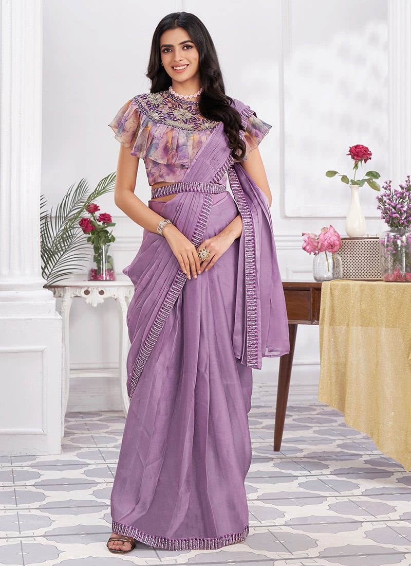 Lavender Georgette Embroidered Sequins Stone Pre Draped Ravishing Saree Party Wear