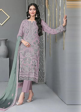 Lavender Georgette Embroidered Sequins Straight Pant Suit