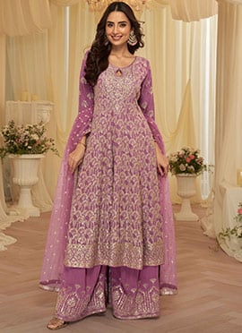 Lavender Georgette Embroidered Sequins With Beads Work Anarkali Suit