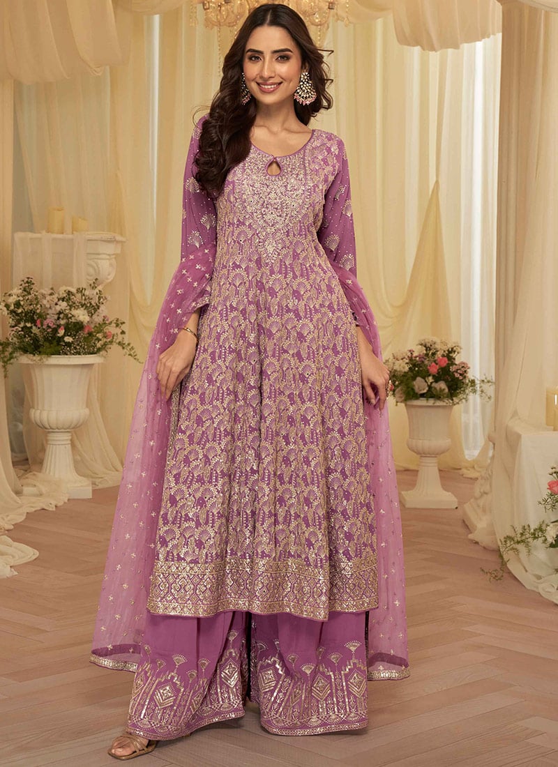 Lavender Georgette Embroidered Sequins With Beads Work Anarkali Suit Festive Wear