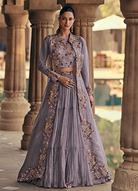 Lavender Georgette Embroidered Sequins With Beads Work Indowestern Jacket Lehenga Set