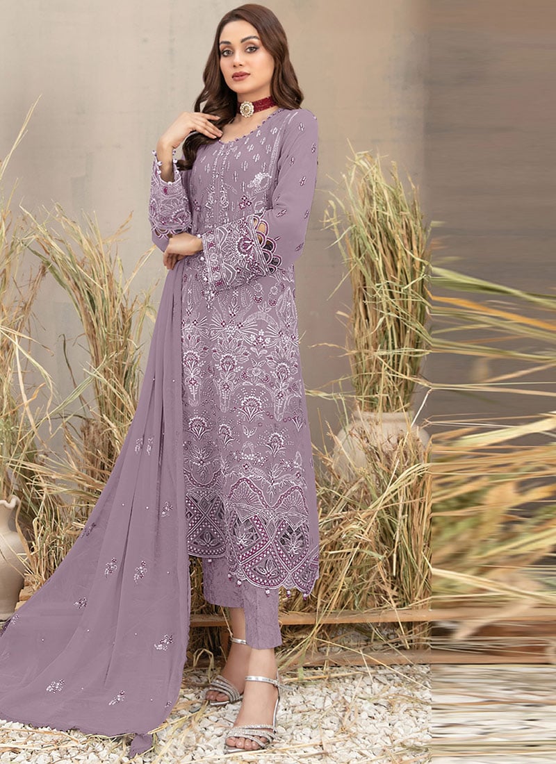Lavender Georgette Embroidered Stone Sequins Pakistani Straight Pant Suit