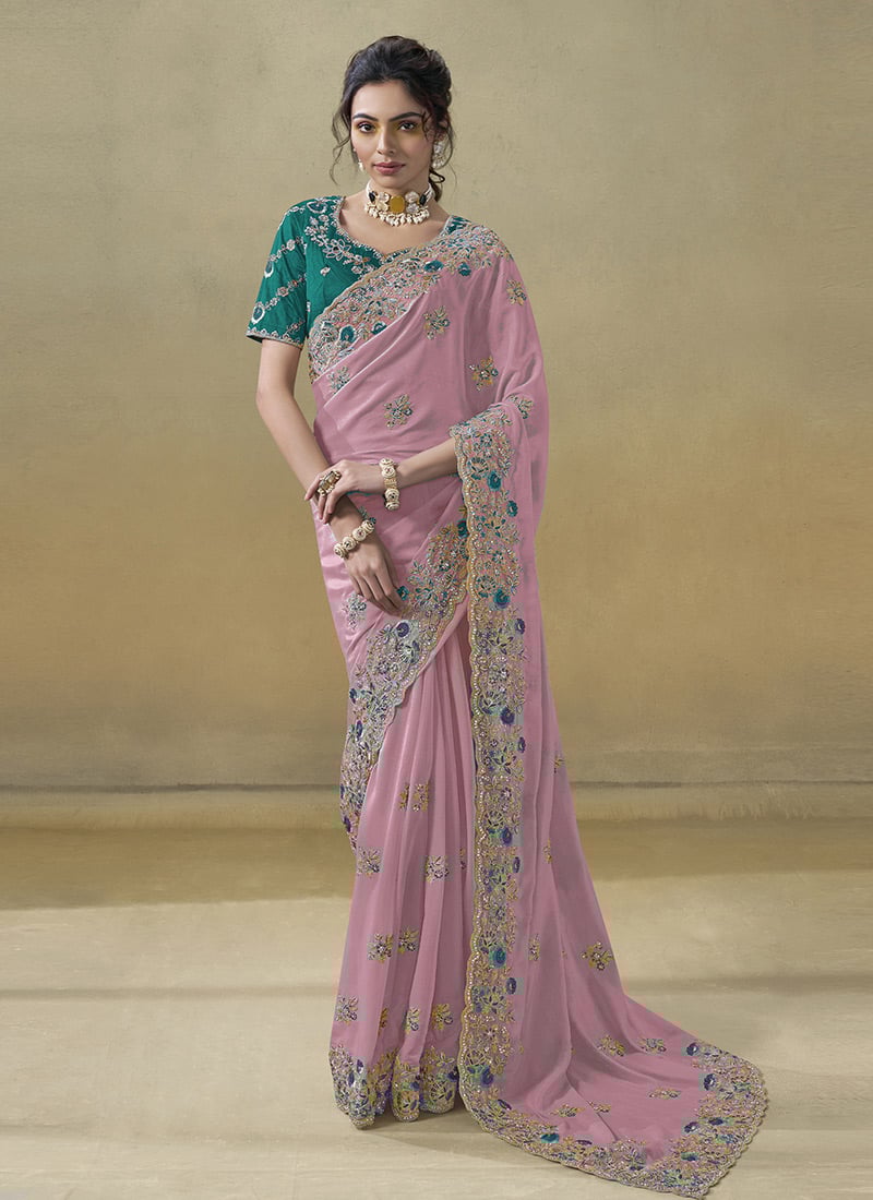 Lavender Georgette Embroidered Stones And Zari Saree Wedding Wear