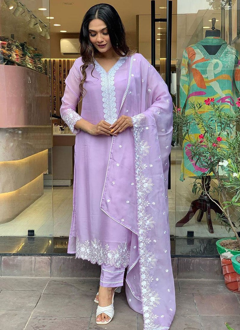 Lavender Georgette Embroidered Straight Pant Suit After Six Wear