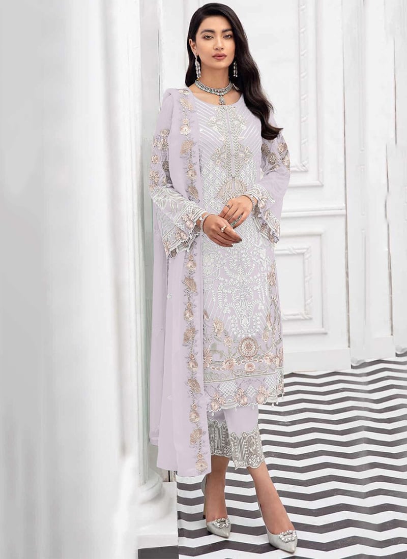 Lavender Georgette Embroidery Straight Pant Suit Party Wear