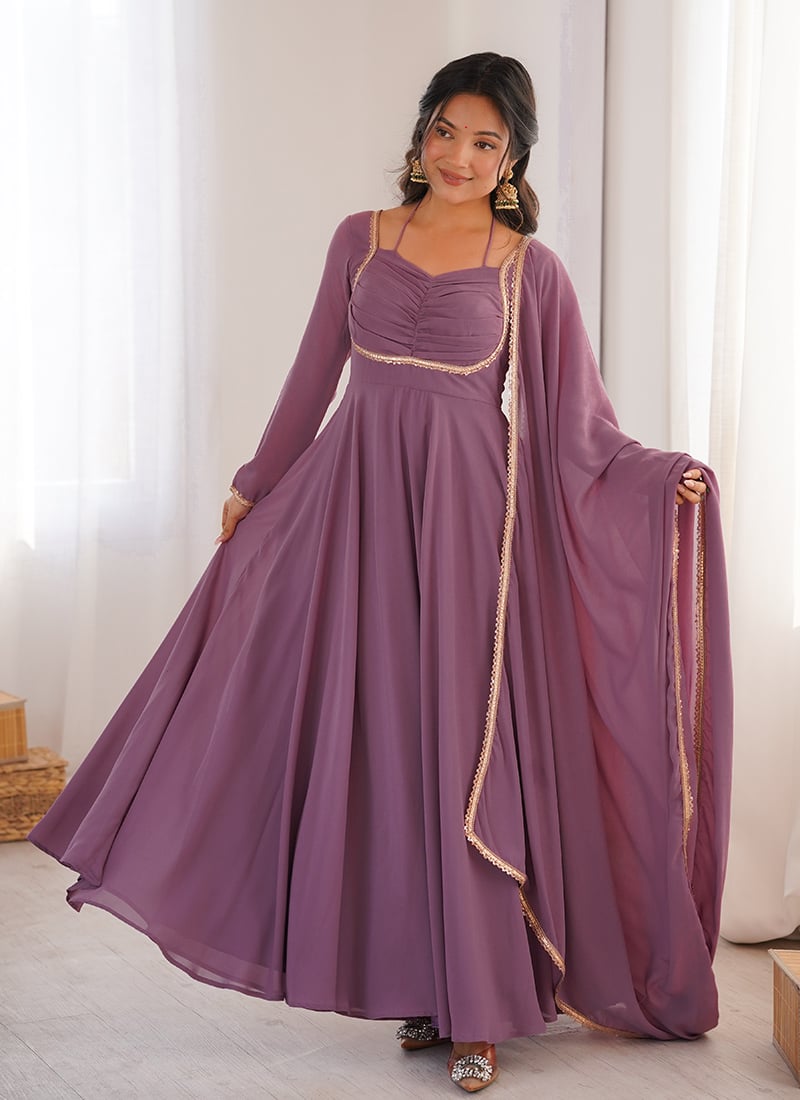 Lavender Georgette Fancy Lace Work Anarkali Suit After Six Wear