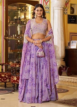 Lavender Georgette Floral Printed Embroidered Sequins IndoWestern Skirt Set With Cape